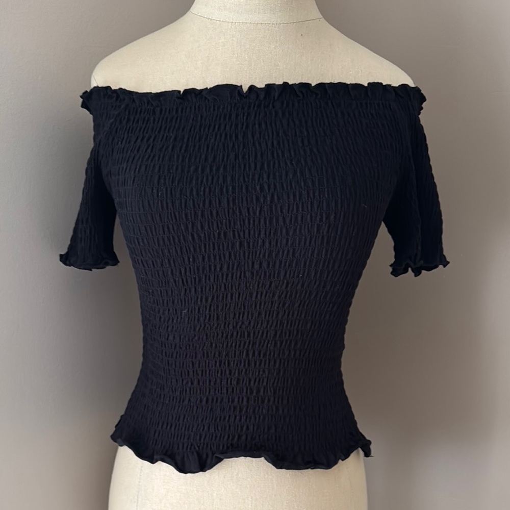 Black Off-Shoulder Smocked Top
